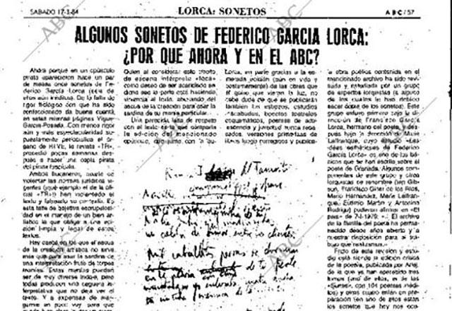 Una de las páginas de la edición que el ABC dedicó a los poemas de Lorca en 1984.